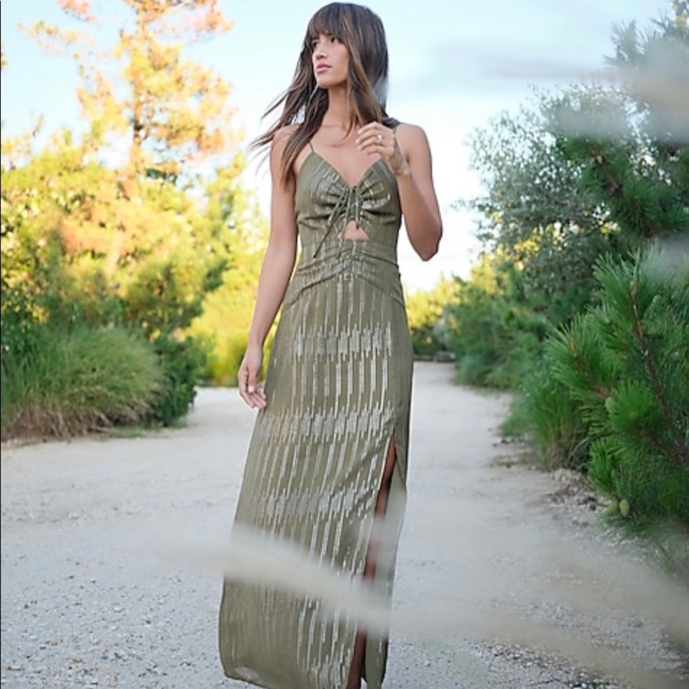 Metallic Ruched Front Cutout Maxi Dress